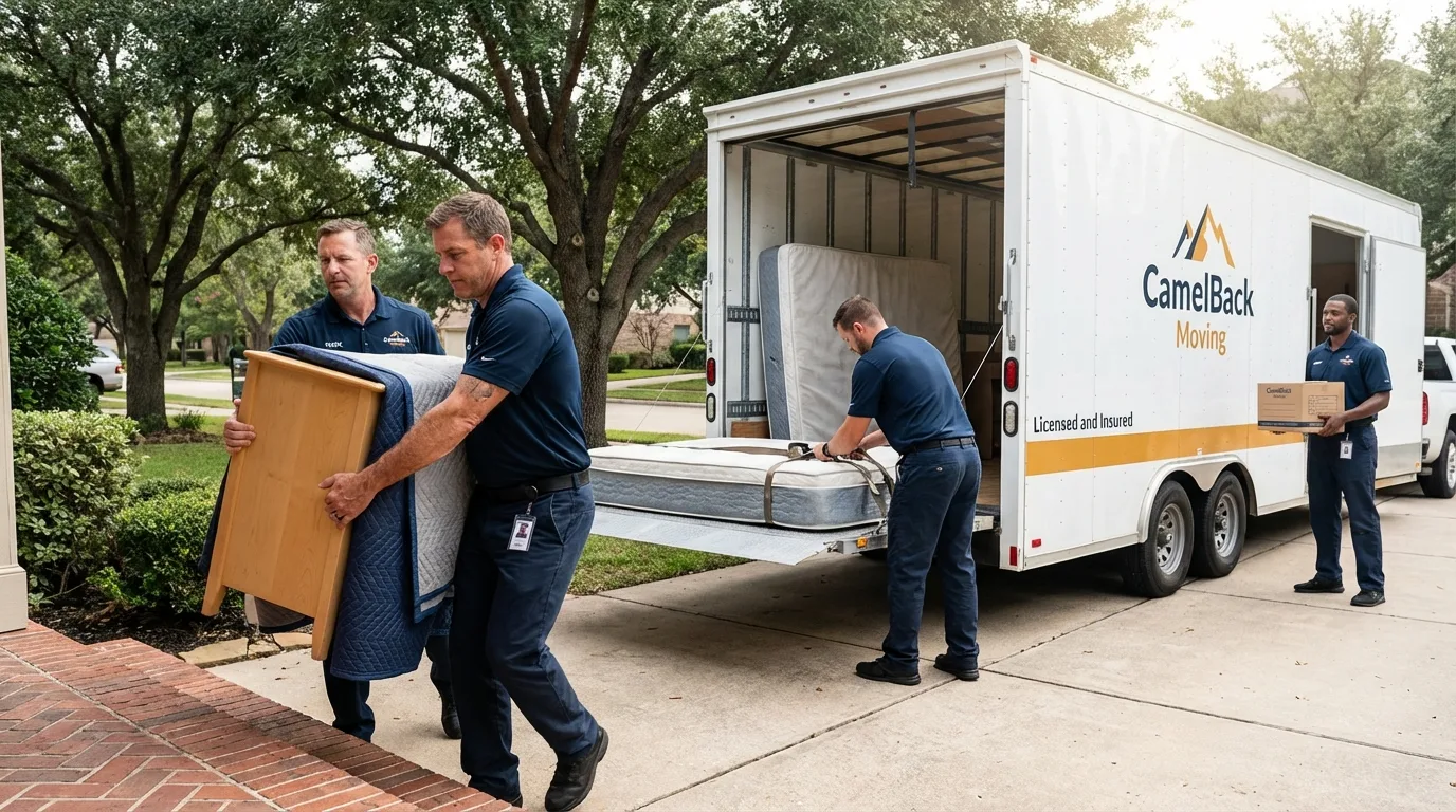Crew loading residential truck for cross-state move from Dover, AR