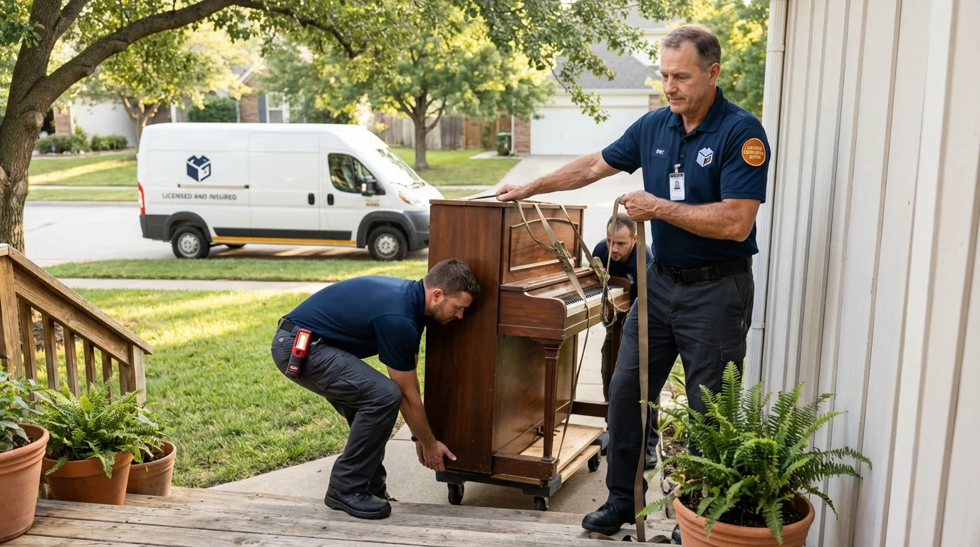 Licensed piano movers securing grand piano in Dover, AR