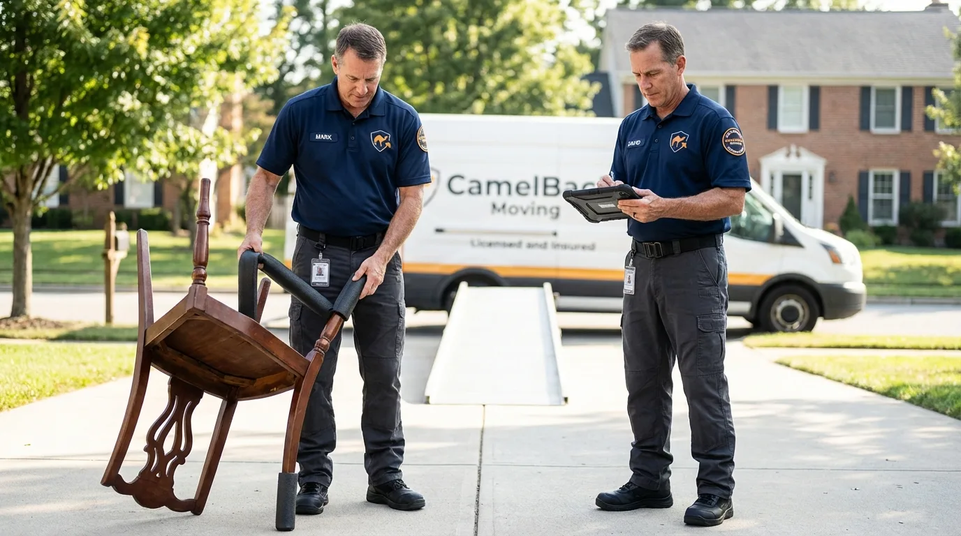 Movers inspecting furniture for damage prevention before loading in Dover, AR