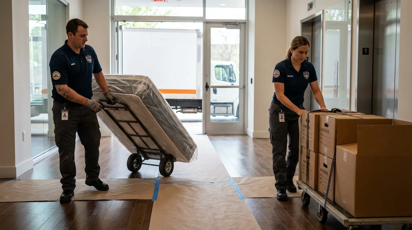 Professional apartment movers loading elevator in Dover, AR