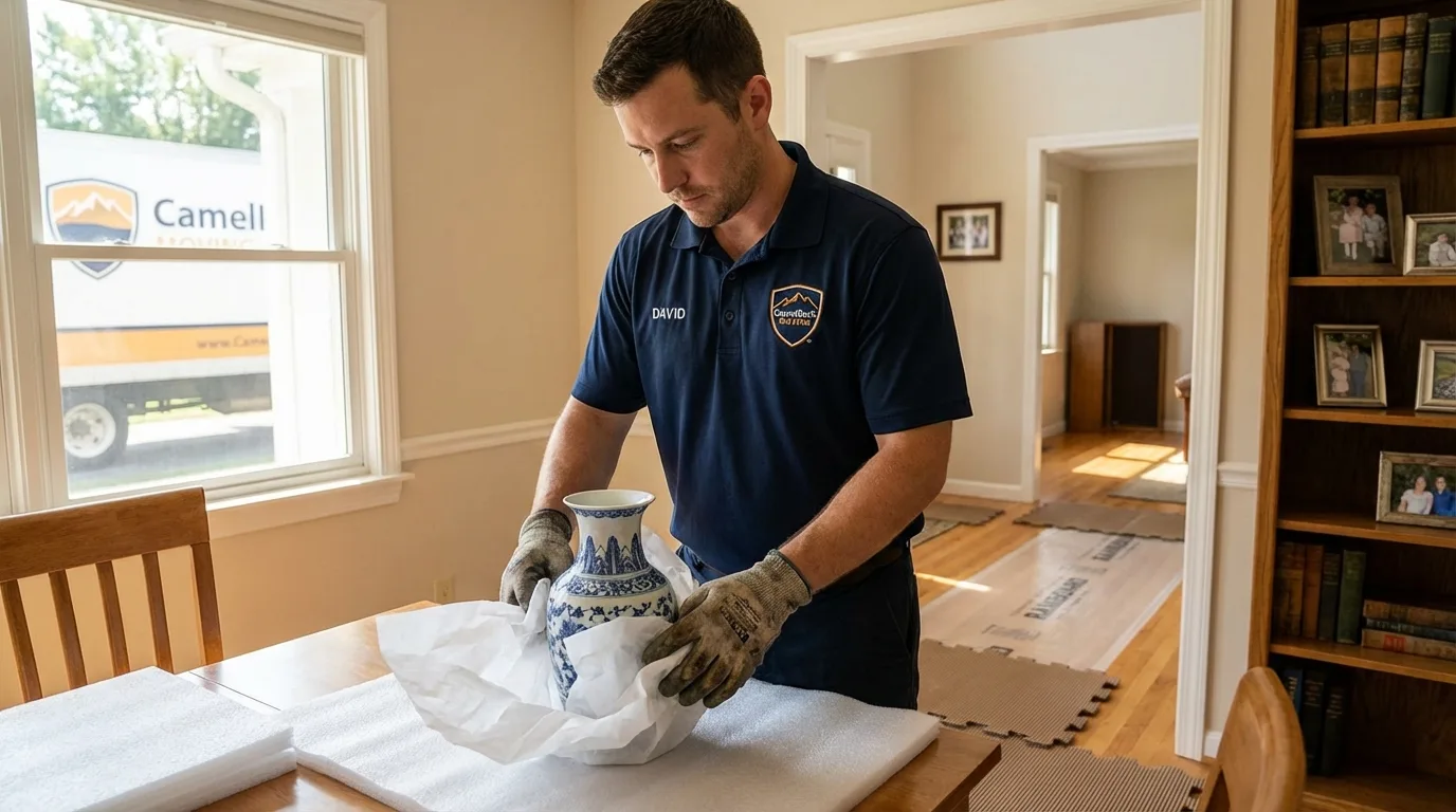Professional crew carefully wrapping antique vase for senior downsizing move in Dover, AR